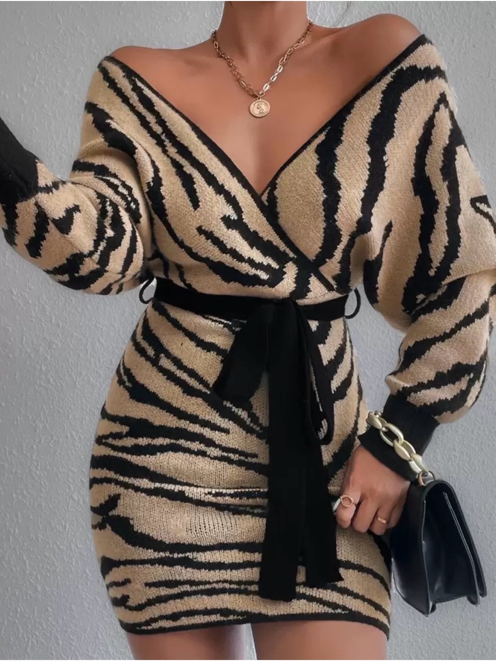 SHEIN Beige & Black Zebra-Print Wrap Mini Dress with Belt